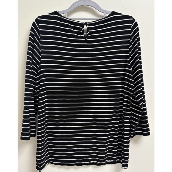 Talbots Stripe Top L Black White Stretch 3/4 Sleeve - Picture 2 of 5